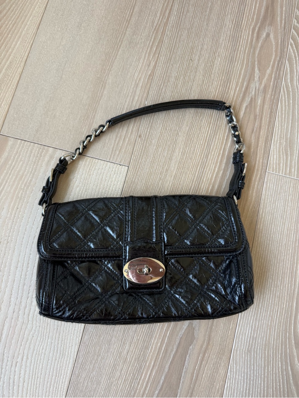 LOFT Black Quilted Patent Shoulder Bag with Chain-Accent Strap and Turn-Lock